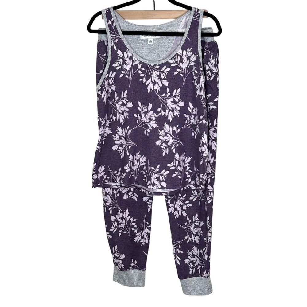 Live Love Lounge Pajama 2 Piece Set Purple Gray Floral Pants Tank Top Soft L